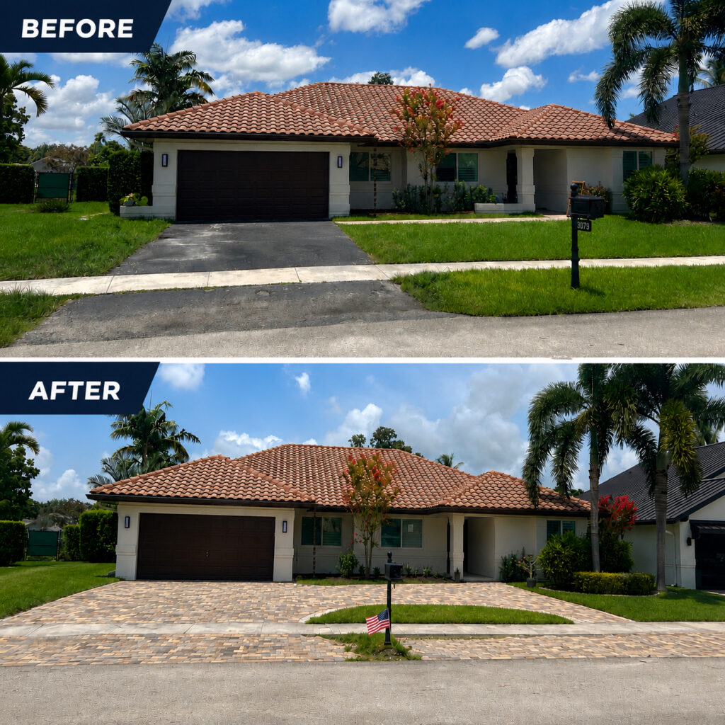 Before-and-after split image of a single-story house with a red-tiled roof; the left pane shows a black asphalt driveway and plain lawn, labeled 'BEFORE'.